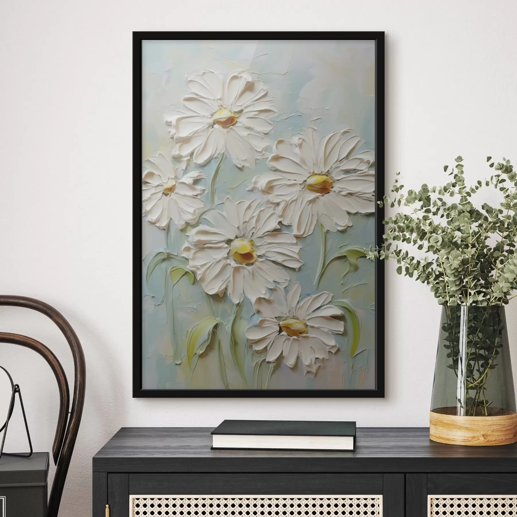 Papier peint Marguerites blanches imitant des traits de peinture f42422