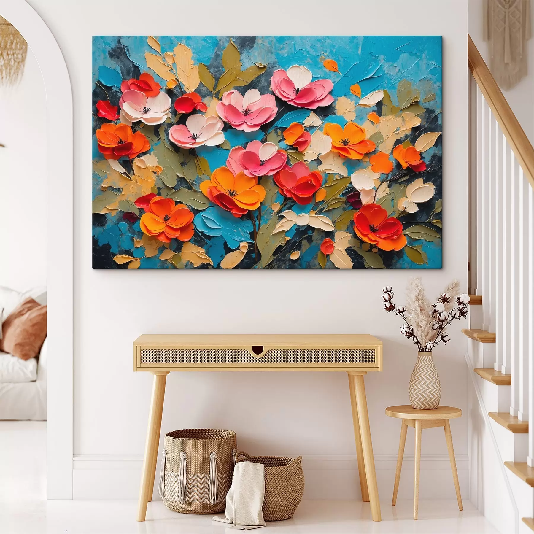 Tableau Fleurs et feuilles sur fond bleu s42255