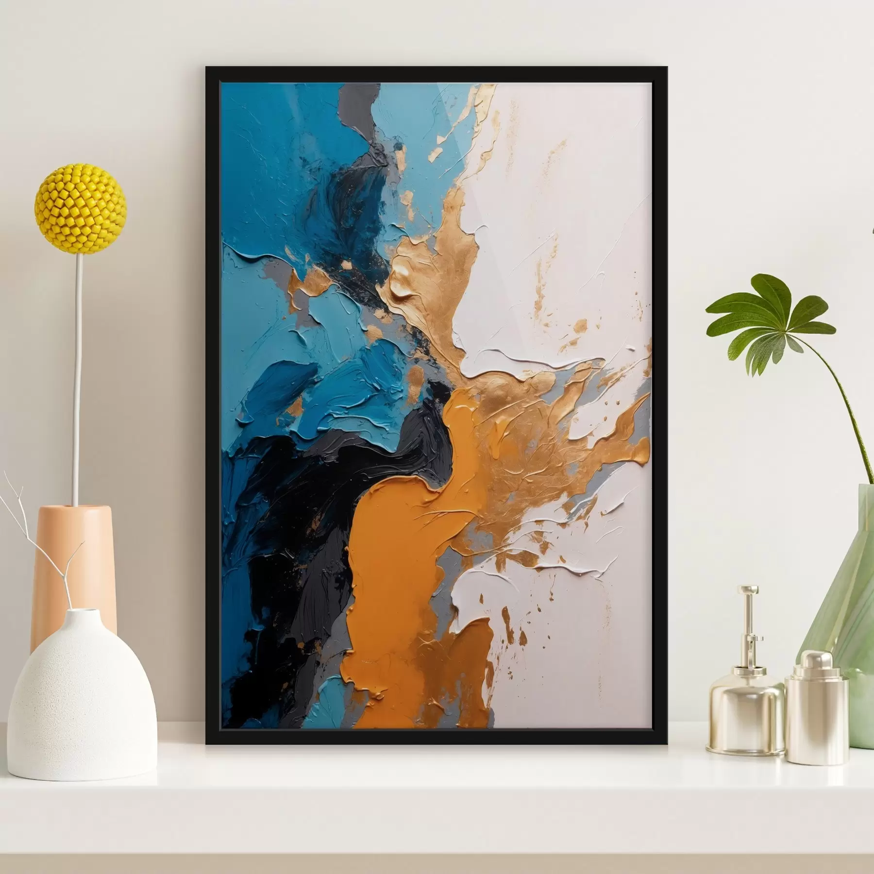 Papier peint Peinture abstraite avec des couleurs bleu, blanc et jaune f42254