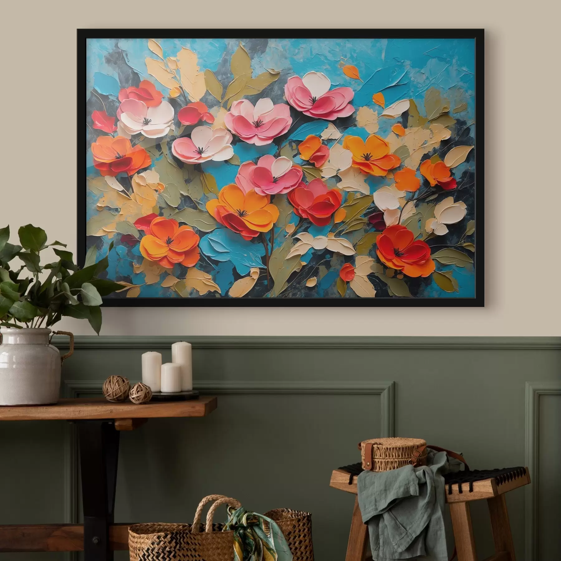 Papier peint Fleurs et feuilles sur fond bleu f42255