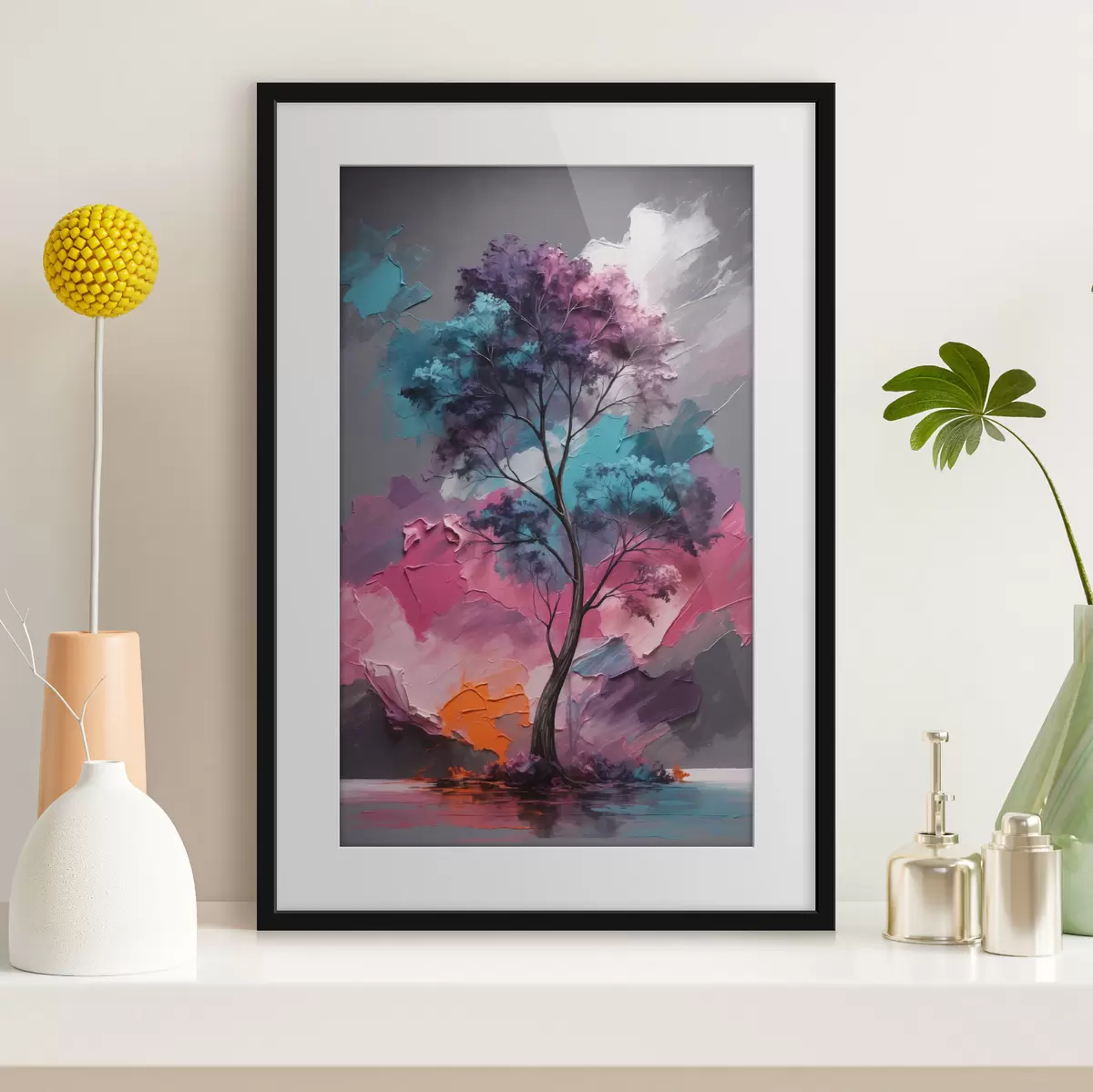 Poster Arbre sur fond rose-gris f42262