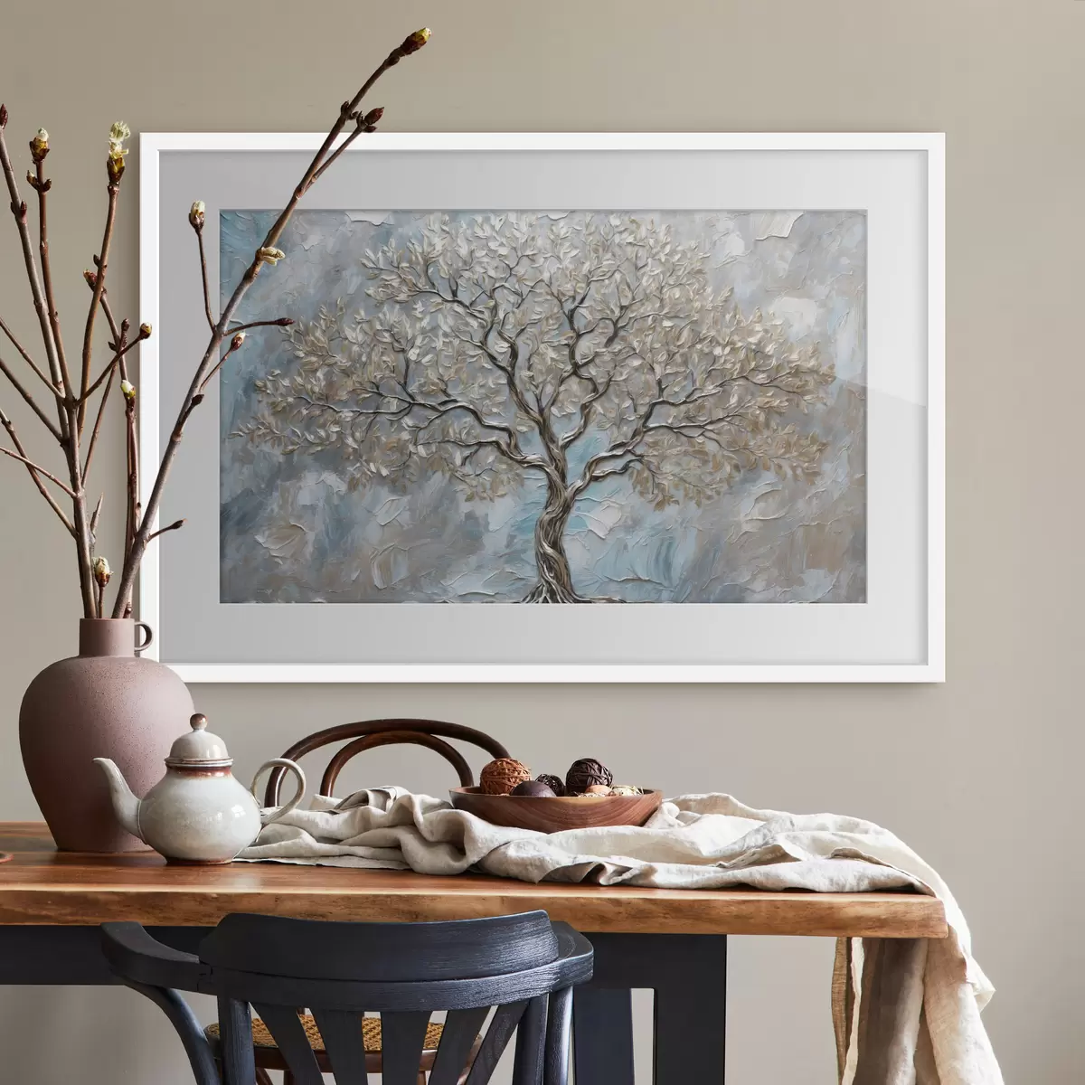 Poster Arbre argenté sur fond bleu-gris f42273