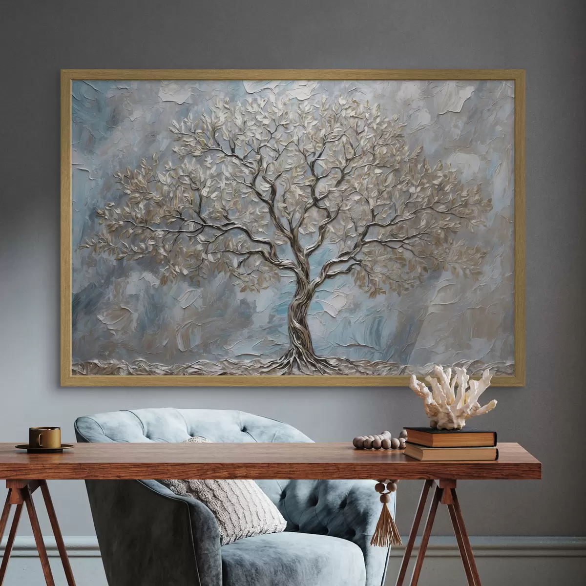 Poster Arbre argenté sur fond bleu-gris f42273