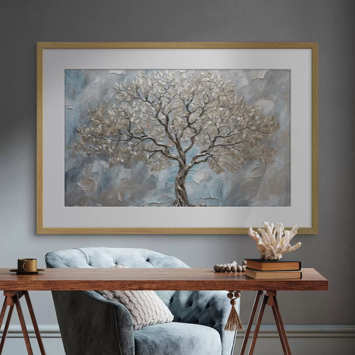 Poster Arbre argenté sur fond bleu-gris f42273