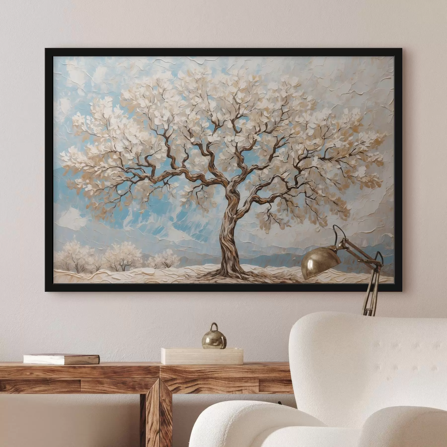 Papier peint Arbre blanc sur fond bleu-blanc f42275