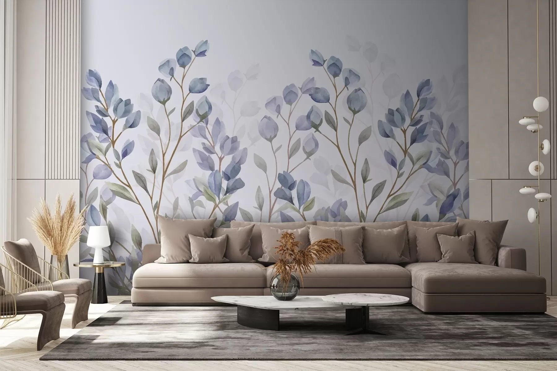 Papier peint branches avec des feuilles bleues w02811