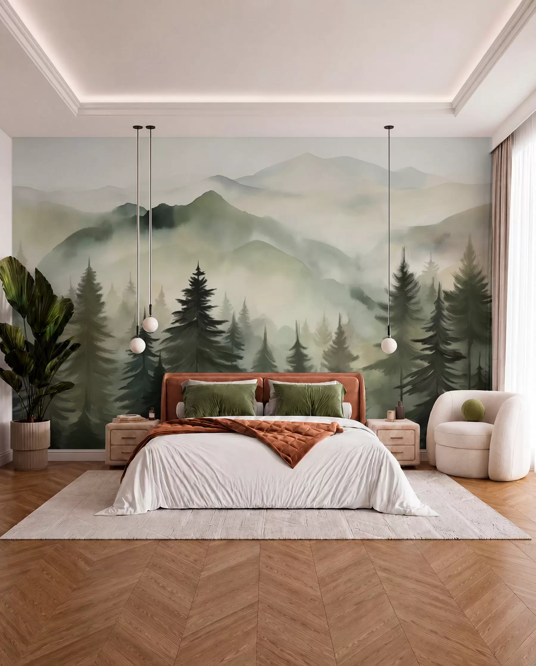 Papier peint Paysage de montagne avec une forêt de pins et des montagnes étagées à l'aube avec un léger brouillard aquarelle imitation art  w08639