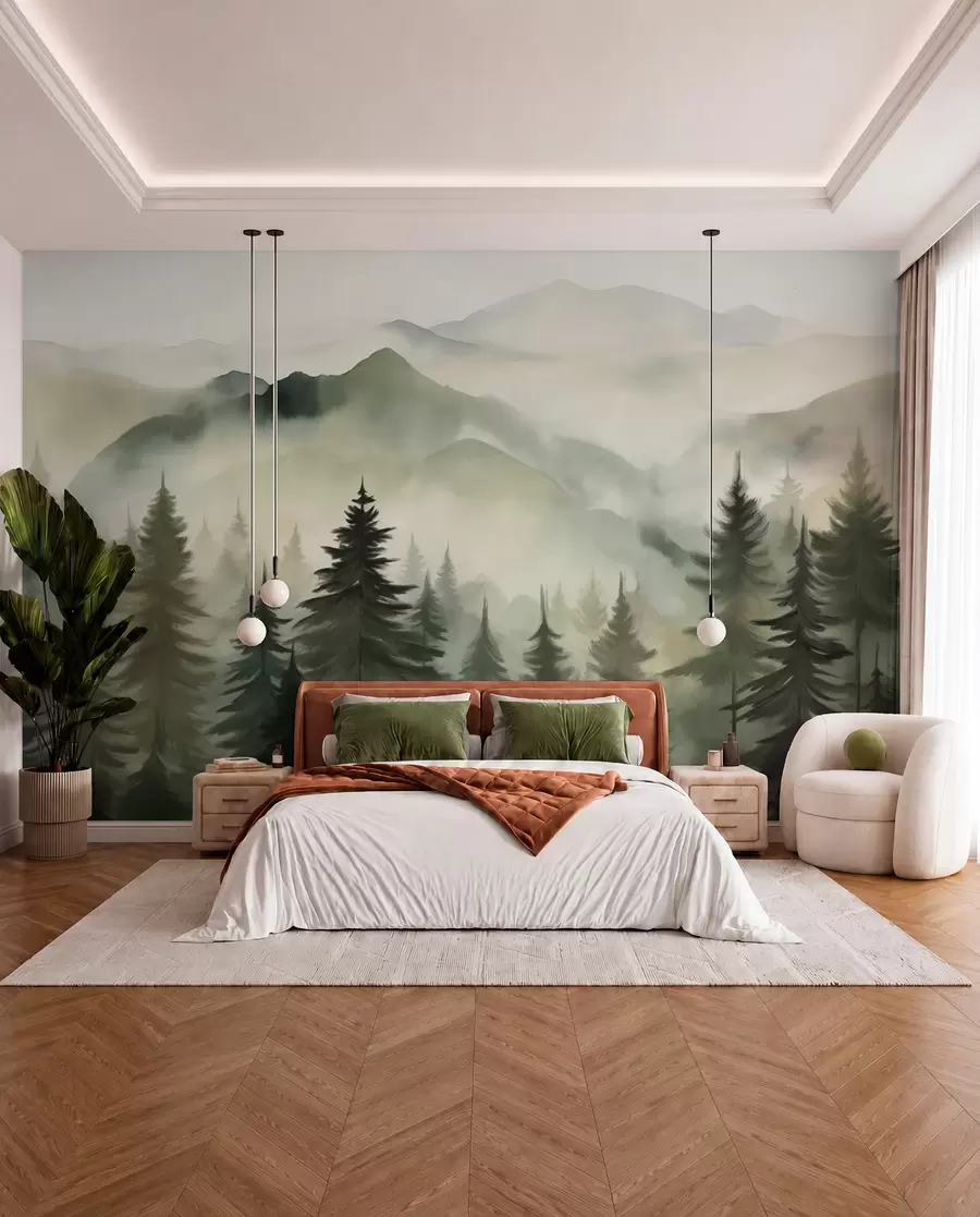 Papier peint Paysage de montagne avec une forêt de pins et des montagnes étagées à l'aube avec un léger brouillard aquarelle imitation art  w08639