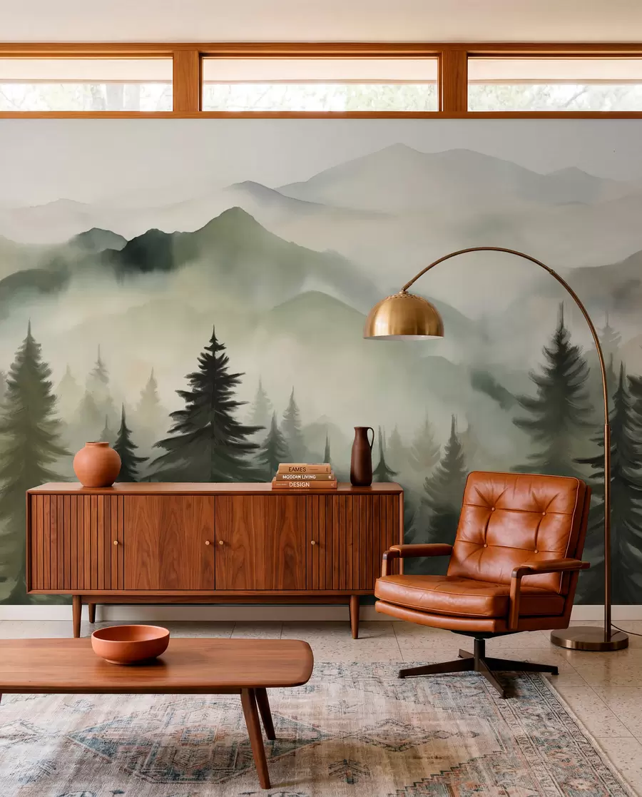 Papier peint Paysage de montagne avec une forêt de pins et des montagnes étagées à l'aube avec un léger brouillard aquarelle imitation art  w08639