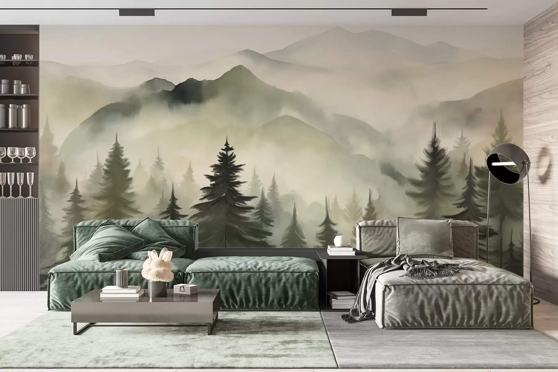 Papier peint Paysage de montagne avec une forêt de pins et des montagnes étagées à l'aube avec un léger brouillard aquarelle imitation art  w08639