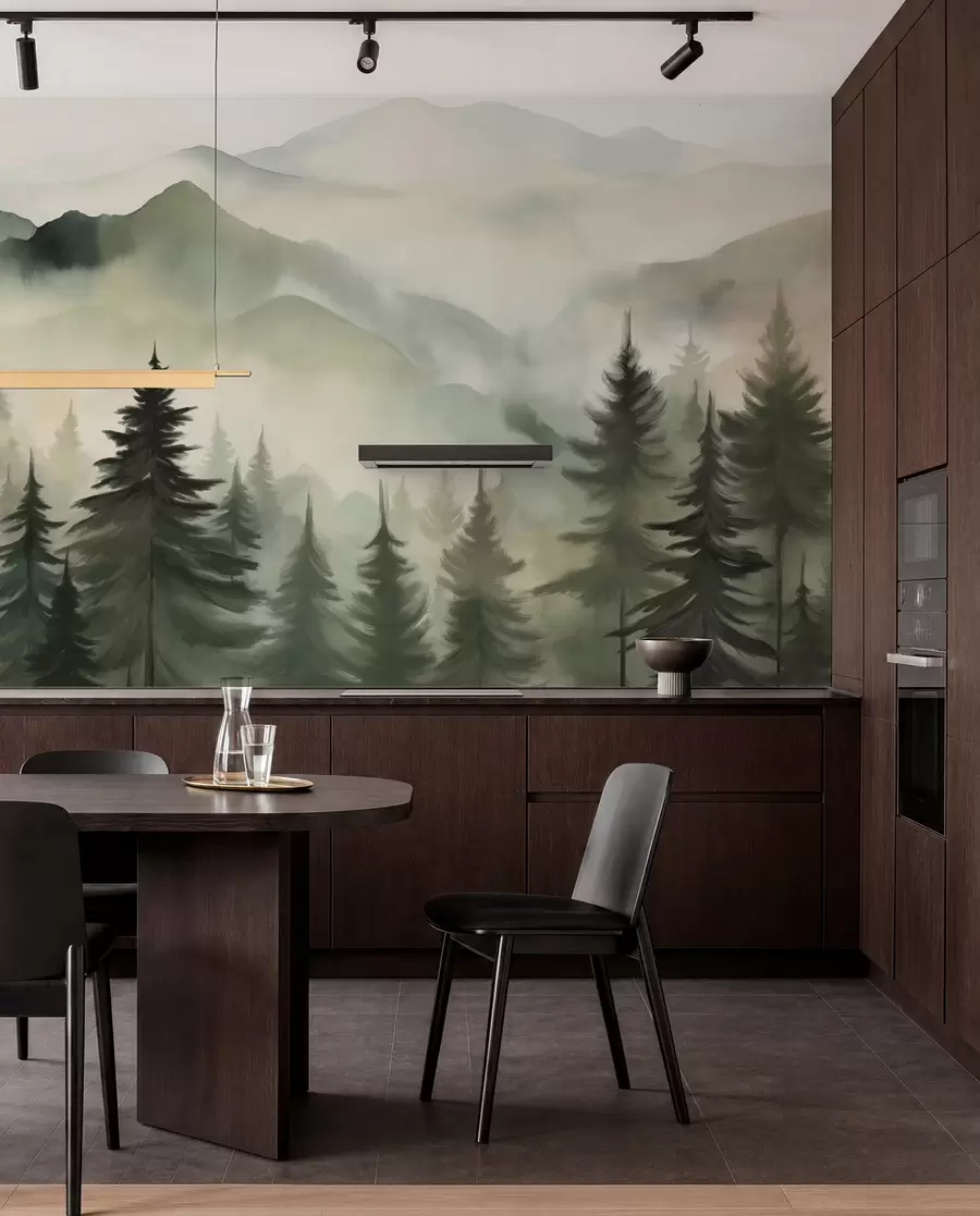 Papier peint Paysage de montagne avec une forêt de pins et des montagnes étagées à l'aube avec un léger brouillard aquarelle imitation art  w08639