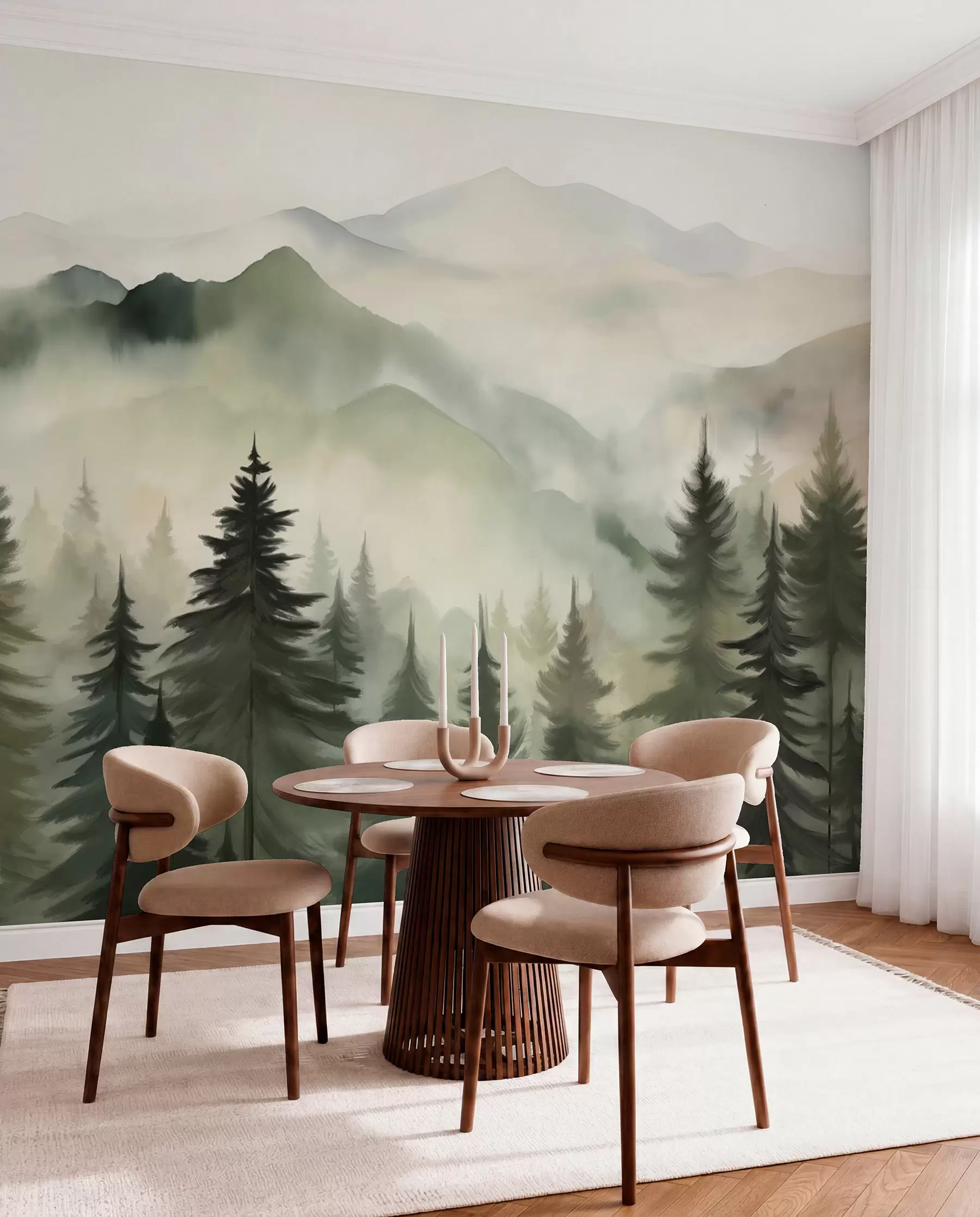 Papier peint Paysage de montagne avec une forêt de pins et des montagnes étagées à l'aube avec un léger brouillard aquarelle imitation art  w08639