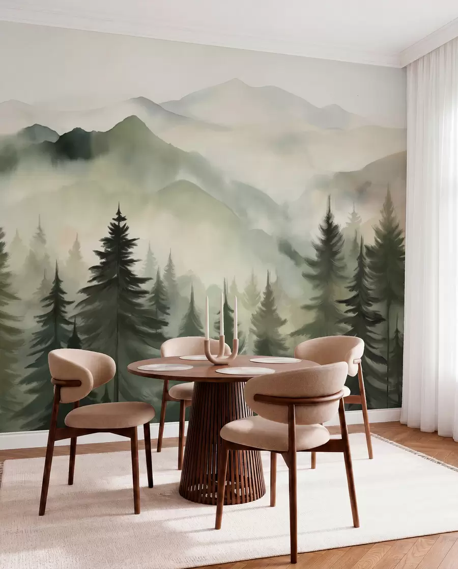 Papier peint Paysage de montagne avec une forêt de pins et des montagnes étagées à l'aube avec un léger brouillard aquarelle imitation art  w08639