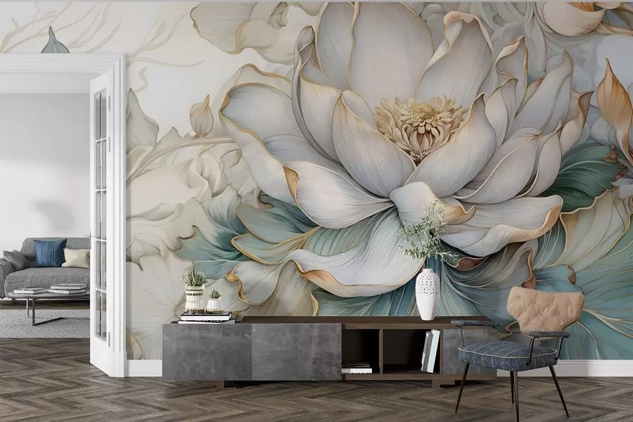 Papier peint Une grande et délicate fleur de lys blanc et son feuillage avec des pétales décoratifs doux et superposés sur un fond texturé abstrait bleuté w08640