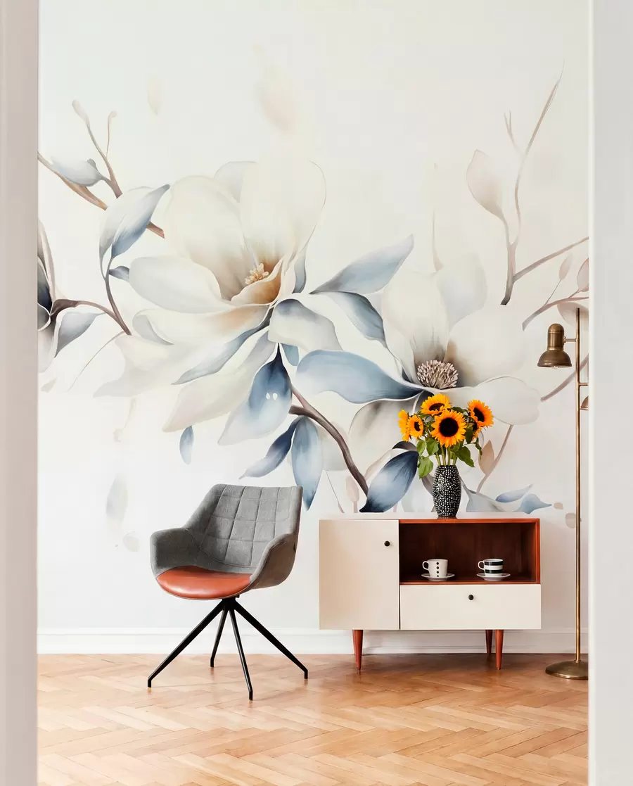 Papier peint Délicates fleurs de magnolia blanches avec des pétales bleus doux sur un fond clair aquarelle imitation minimalisme  w08644