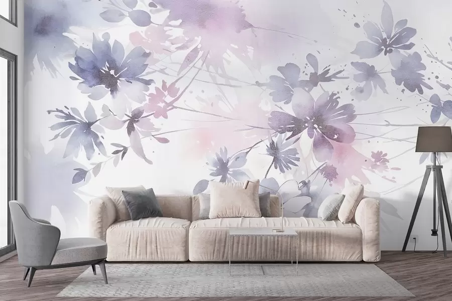 Papier peint Fleurs abstraites texturées aux couleurs douces et pastel sur fond flou, créant une atmosphère éthérée et rêveuse w08645
