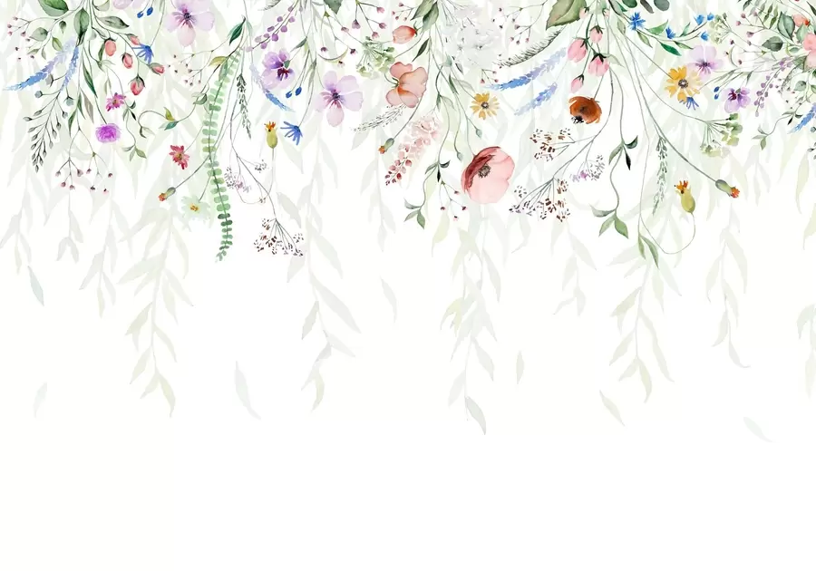 Papier peint Un imprimé floral coloré qui tombe en cascade avec diverses fleurs, feuilles et plantes dans un style aquarelle   w08646