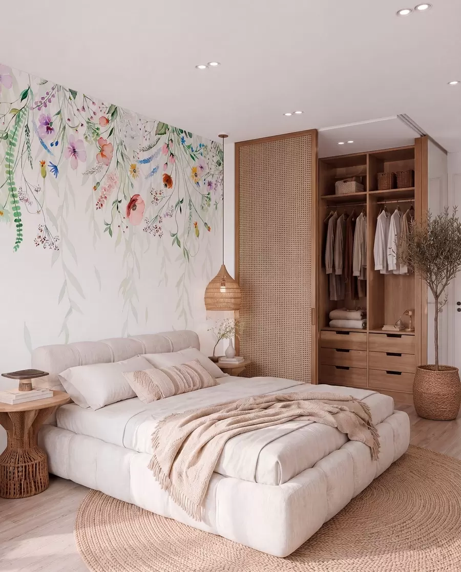 Papier peint Un imprimé floral coloré qui tombe en cascade avec diverses fleurs, feuilles et plantes dans un style aquarelle   w08646