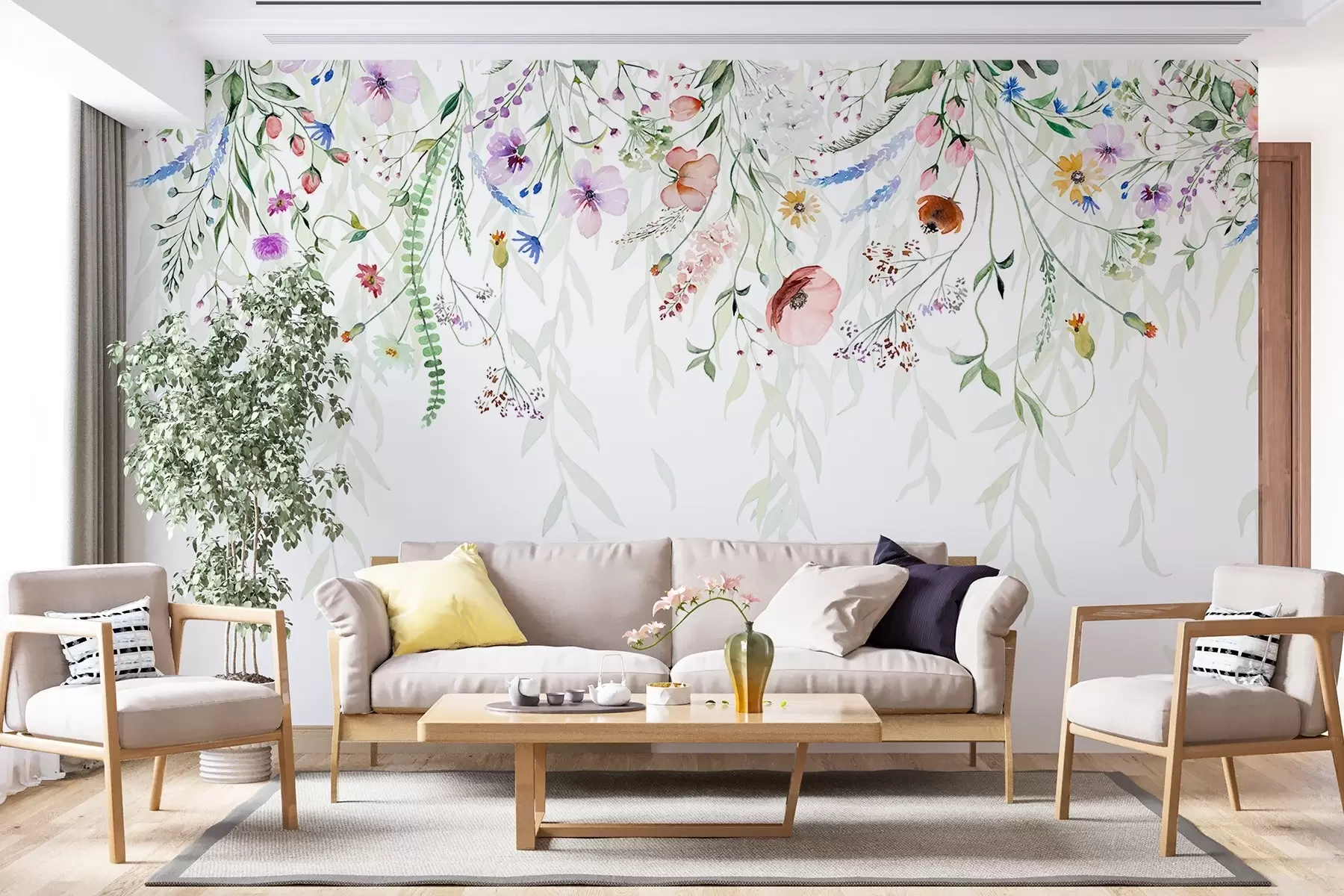 Papier peint Un imprimé floral coloré qui tombe en cascade avec diverses fleurs, feuilles et plantes dans un style aquarelle   w08646