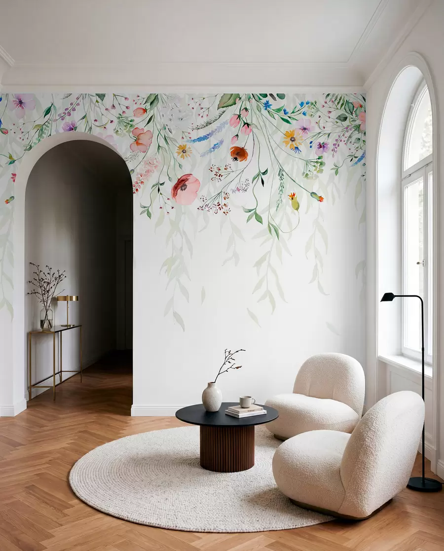 Papier peint Un imprimé floral coloré qui tombe en cascade avec diverses fleurs, feuilles et plantes dans un style aquarelle   w08646