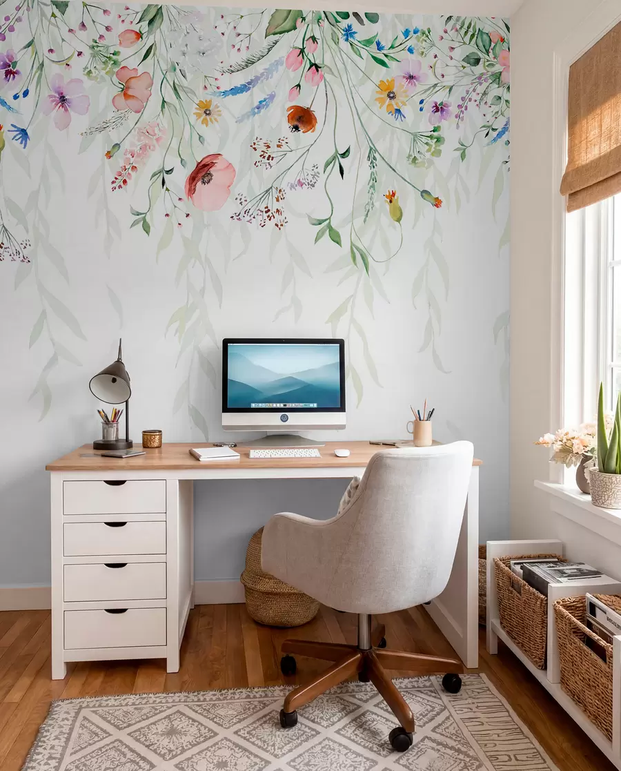 Papier peint Un imprimé floral coloré qui tombe en cascade avec diverses fleurs, feuilles et plantes dans un style aquarelle   w08646