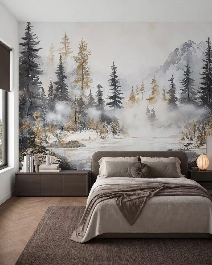 Papier peint Paysage d'hiver avec lac et forêt, montagnes, style pastel darwing w02741