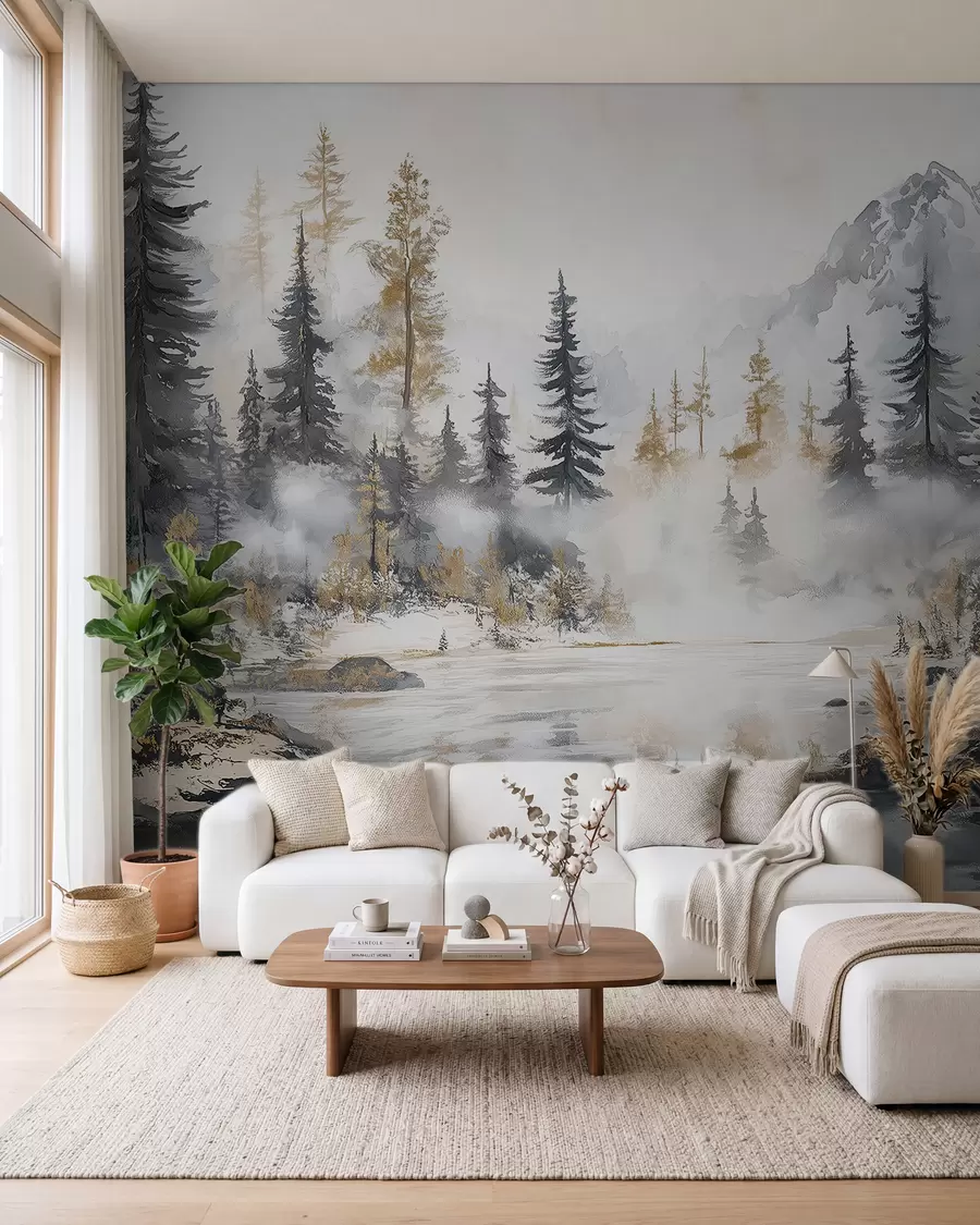 Papier peint Paysage d'hiver avec lac et forêt, montagnes, style pastel darwing w02741