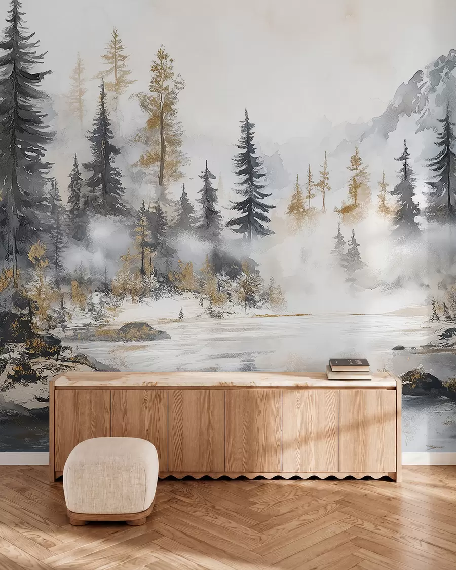 Papier peint Paysage d'hiver avec lac et forêt, montagnes, style pastel darwing w02741
