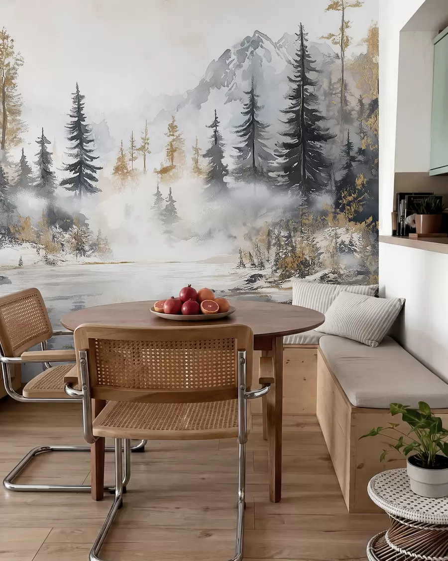 Papier peint Paysage d'hiver avec lac et forêt, montagnes, style pastel darwing w02741