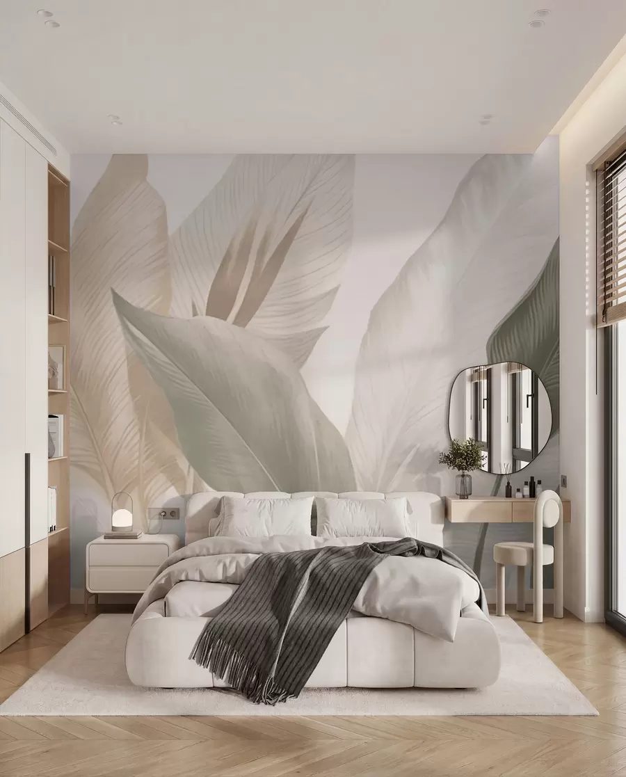 Papier peint Feuilles tropicales dans des tons doux de beige et de vert, avec un effet d'aquarelle et des transitions de couleurs douces w02854