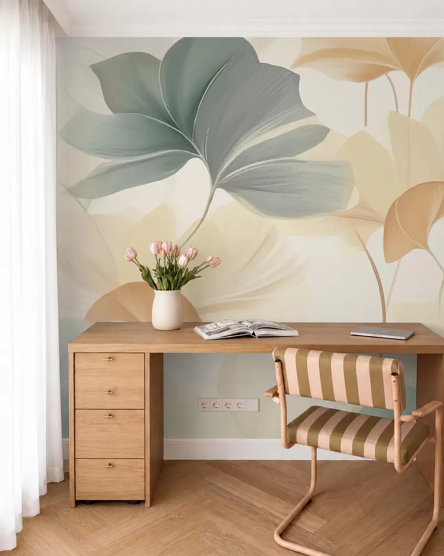 Papier peint Motif de feuilles de ginkgo dans des tons pastel doux, mélangeant des teintes vertes, jaunes et crème pour créer une sensation de légèreté et d'aération w02855