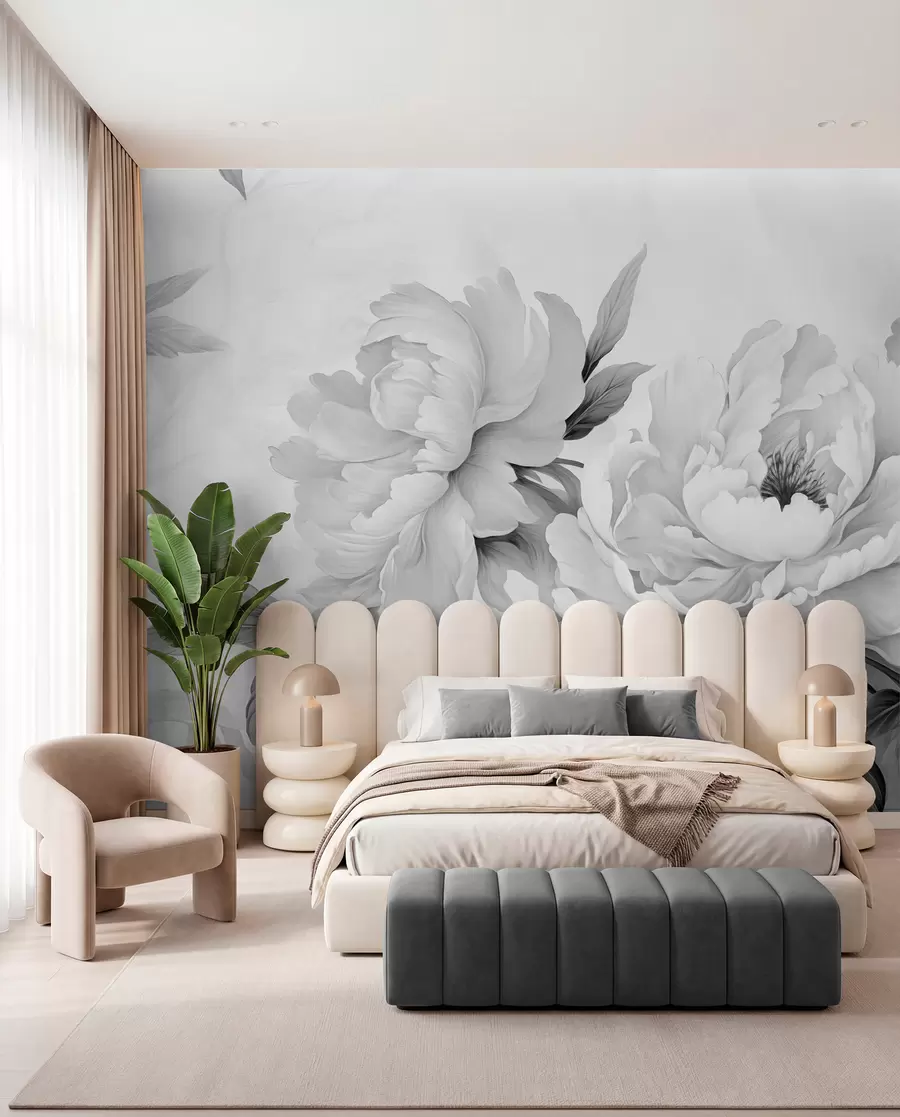 Papier peint Pivoines luxueuses dans les tons gris, avec des détails délicats de pétales et de feuilles, créant une atmosphère élégante et sereine w02856