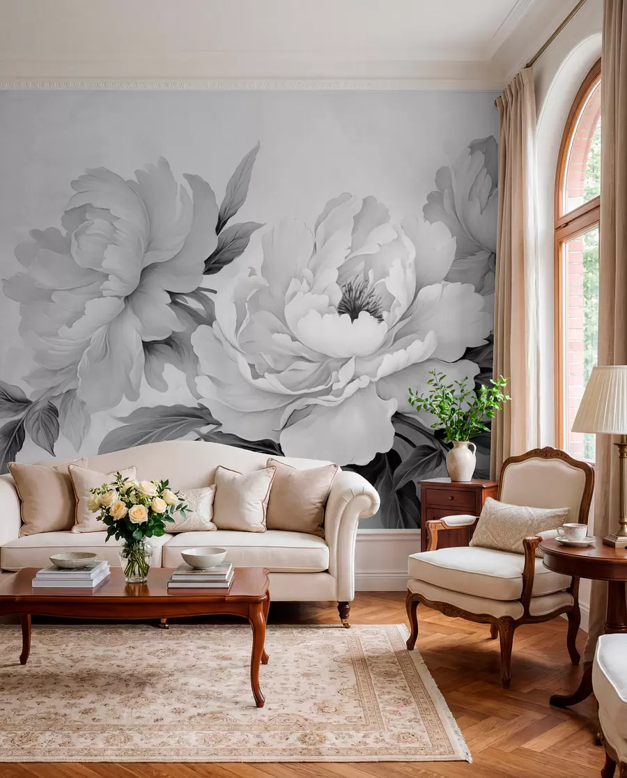 Papier peint Pivoines luxueuses dans les tons gris, avec des détails délicats de pétales et de feuilles, créant une atmosphère élégante et sereine w02856