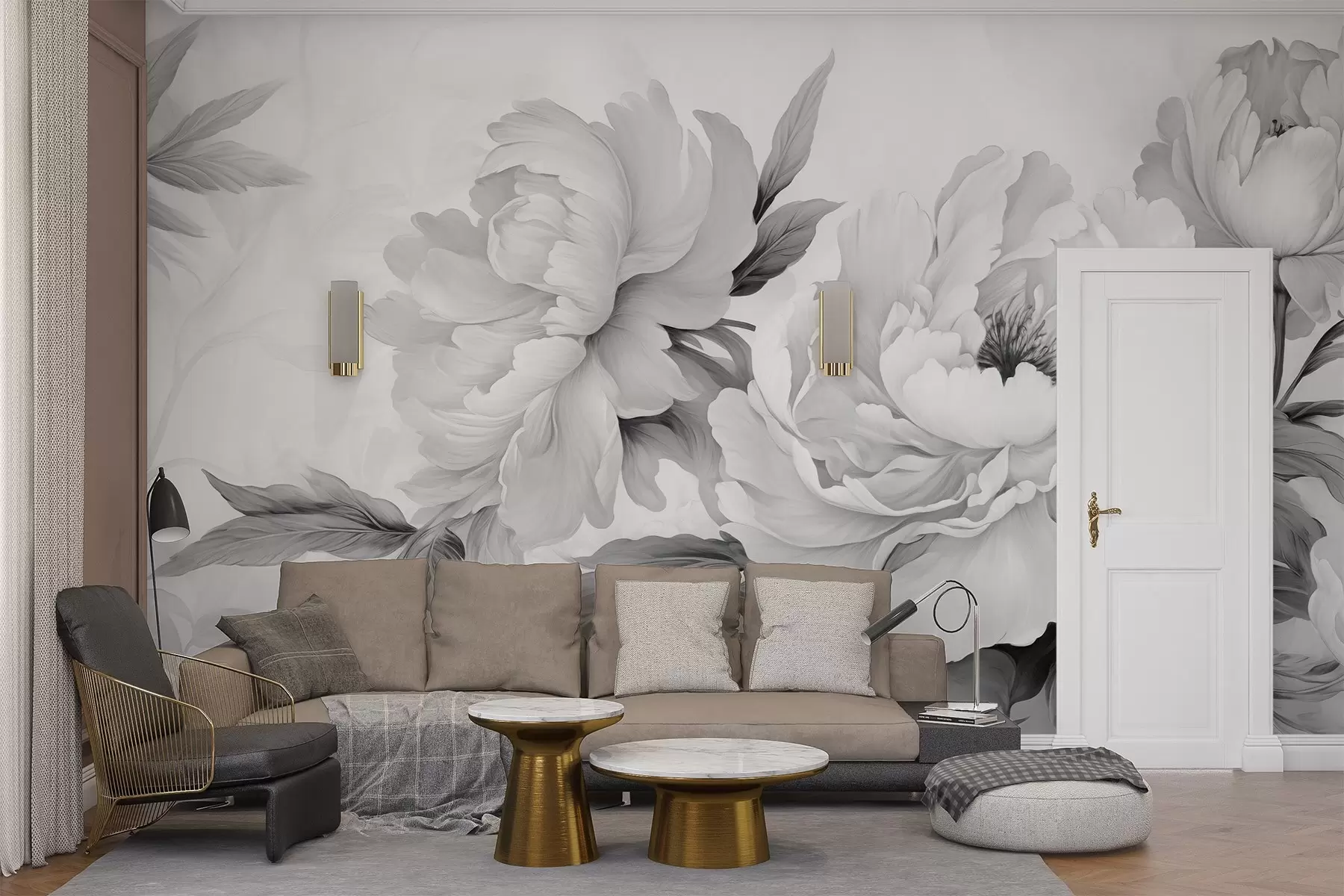 Papier peint Pivoines luxueuses dans les tons gris, avec des détails délicats de pétales et de feuilles, créant une atmosphère élégante et sereine. w02856