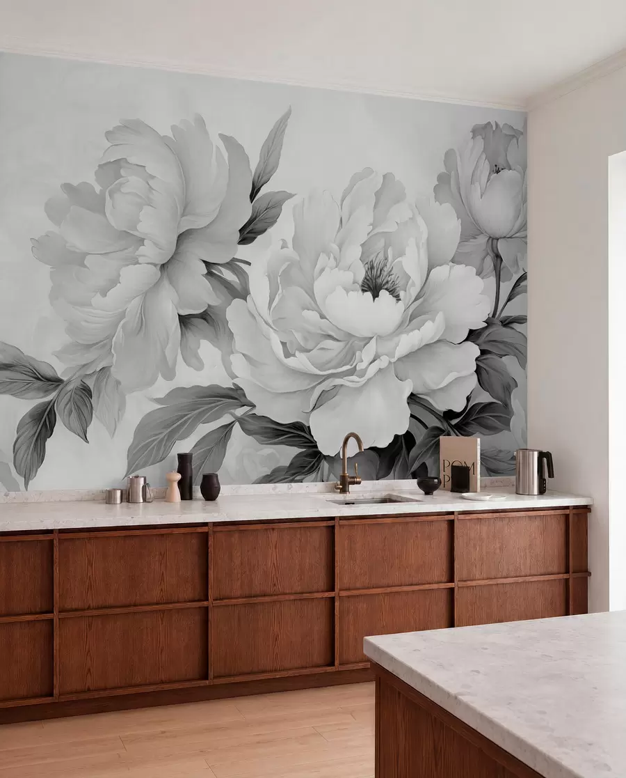 Papier peint Pivoines luxueuses dans les tons gris, avec des détails délicats de pétales et de feuilles, créant une atmosphère élégante et sereine w02856