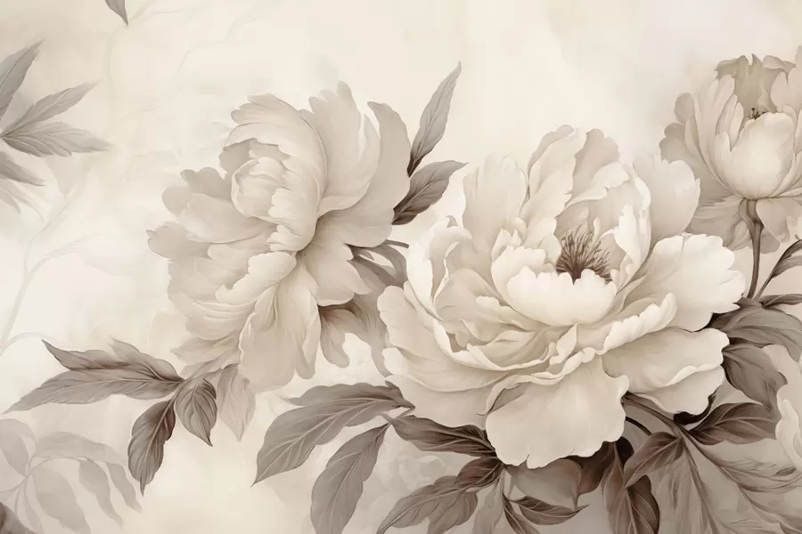 Papier peint De délicates pivoines dans des tons beige crème, avec des détails raffinés de pétales et de feuilles, créant une ambiance chaleureuse et sophistiquée w02856v1
