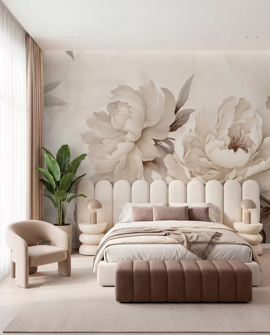 Papier peint De délicates pivoines dans des tons beige crème, avec des détails raffinés de pétales et de feuilles, créant une ambiance chaleureuse et sophistiquée w02856v1