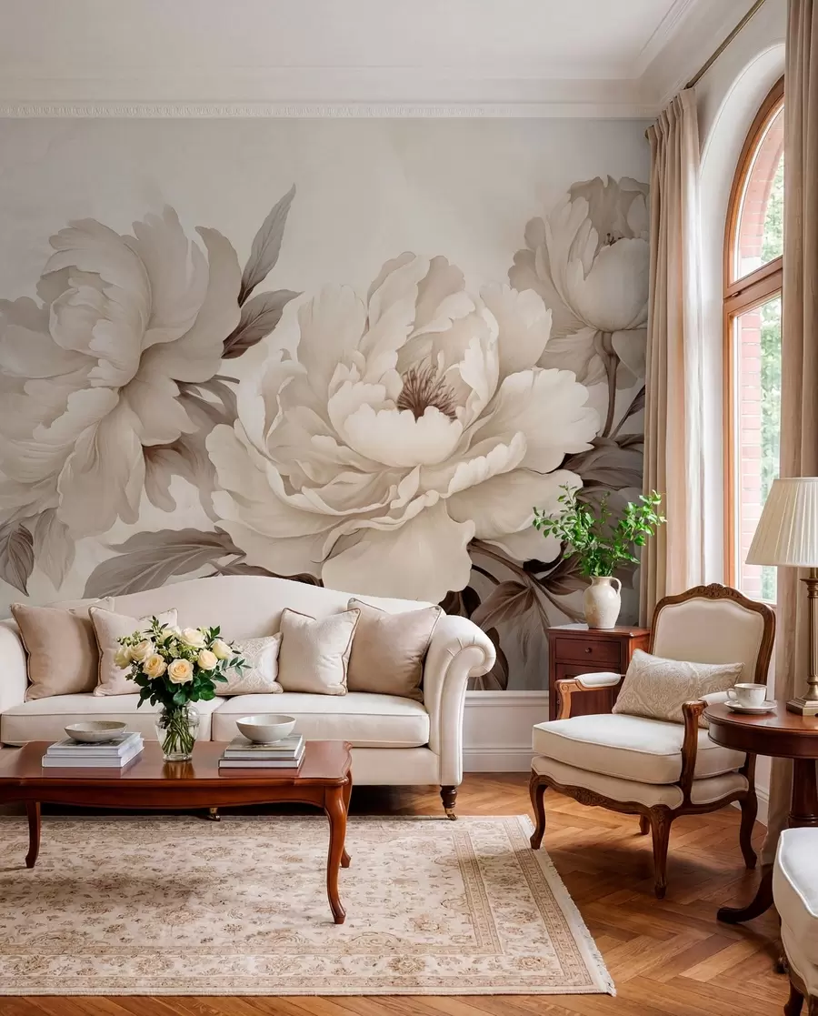 Papier peint De délicates pivoines dans des tons beige crème, avec des détails raffinés de pétales et de feuilles, créant une ambiance chaleureuse et sophistiquée w02856v1