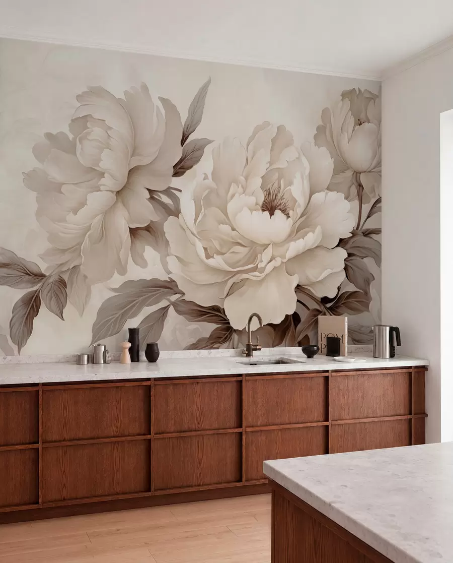 Papier peint De délicates pivoines dans des tons beige crème, avec des détails raffinés de pétales et de feuilles, créant une ambiance chaleureuse et sophistiquée w02856v1