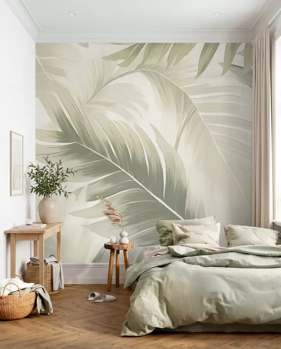 Papier peint Motif de grandes feuilles tropicales dans des tons doux de vert et de beige, avec des dégradés doux et des détails de texture délicats w02858