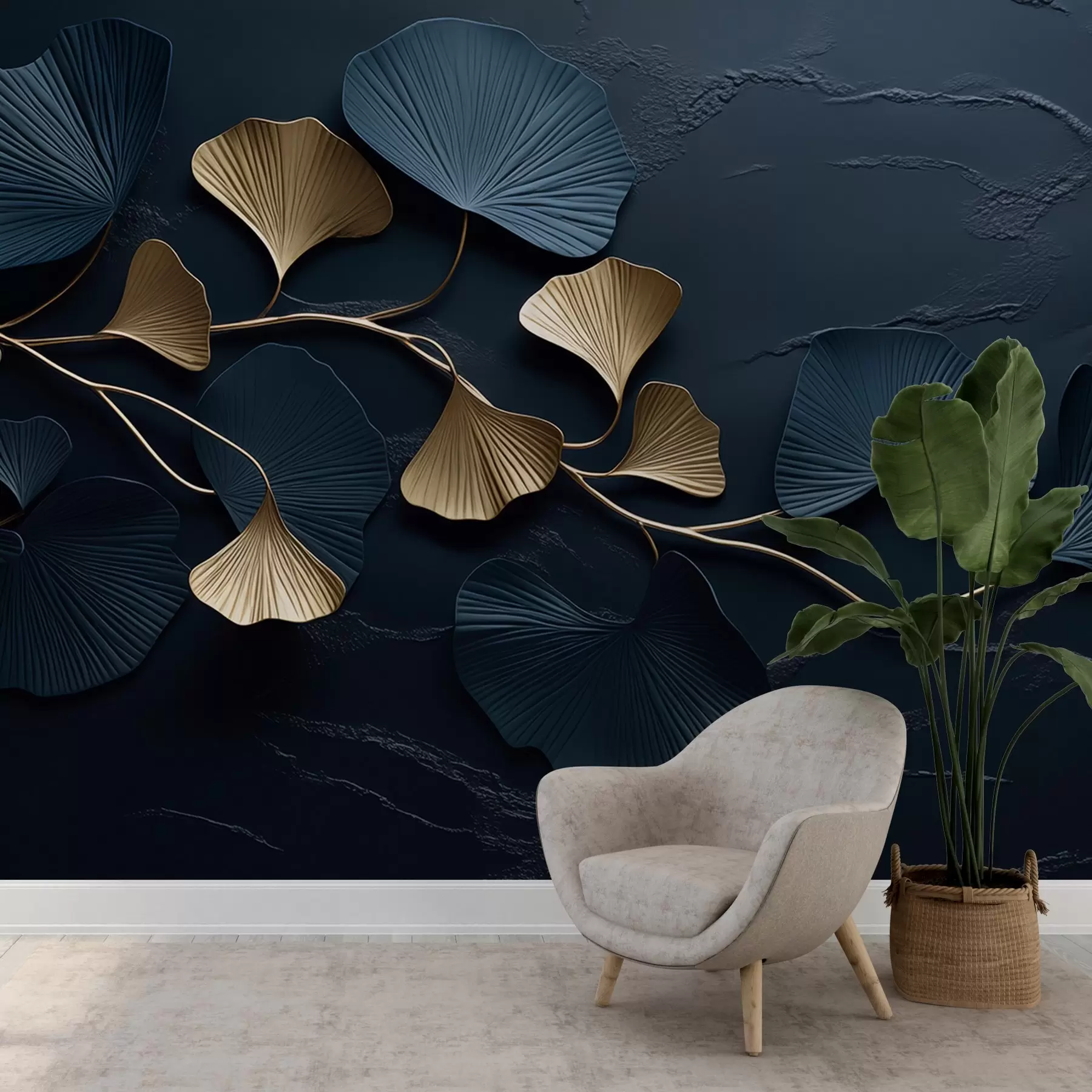 Papier peint Branche volumétrique avec des feuilles sur un mur en béton w02841