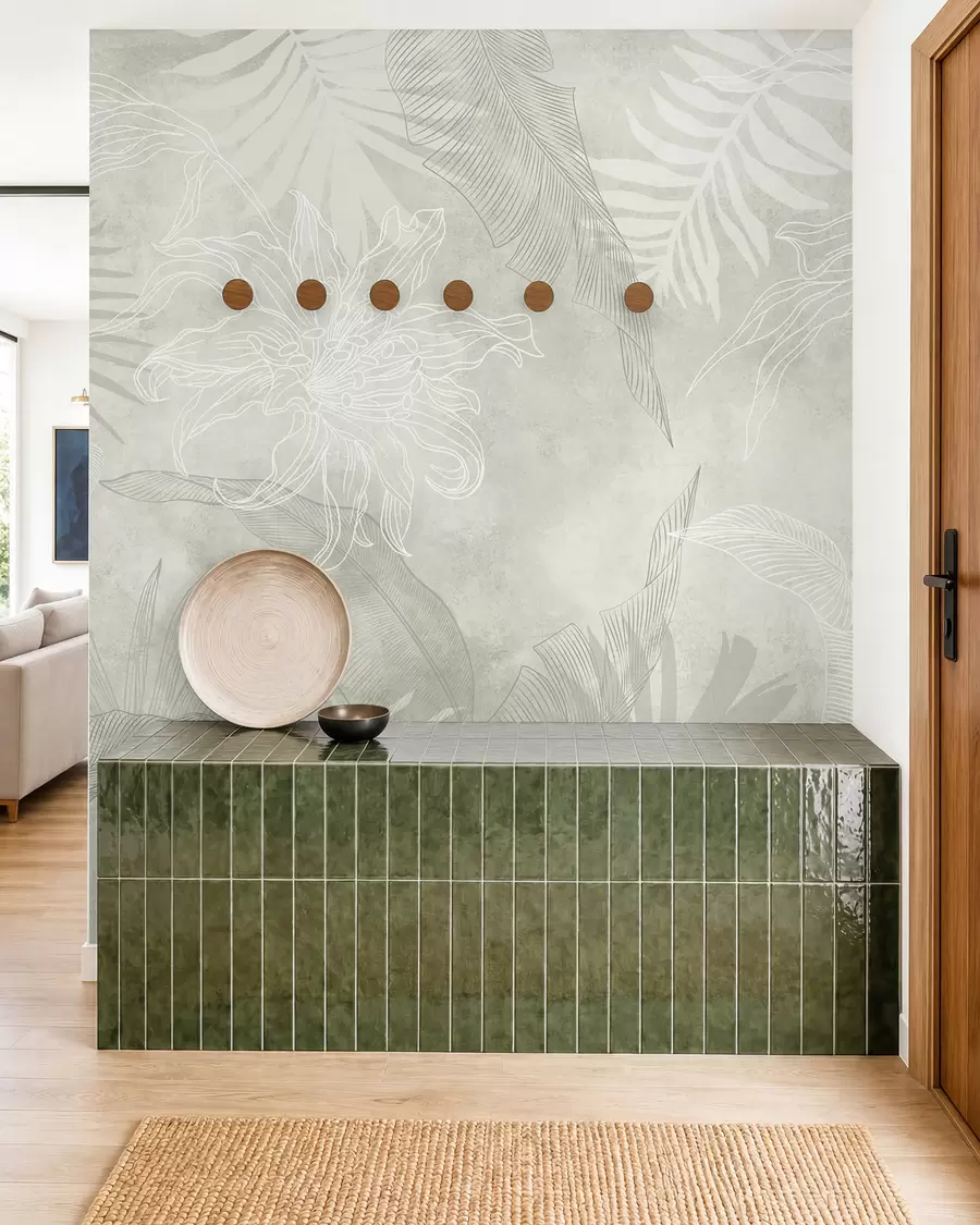 Papier peint Feuillage tropical à effet grunge avec une teinte verte w02737v2