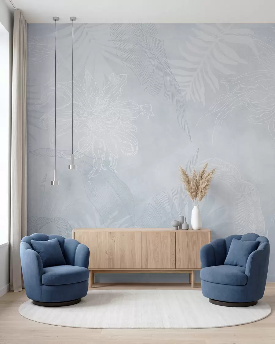 Papier peint Feuillage tropical à effet grunge avec une teinte bleue w02737v3