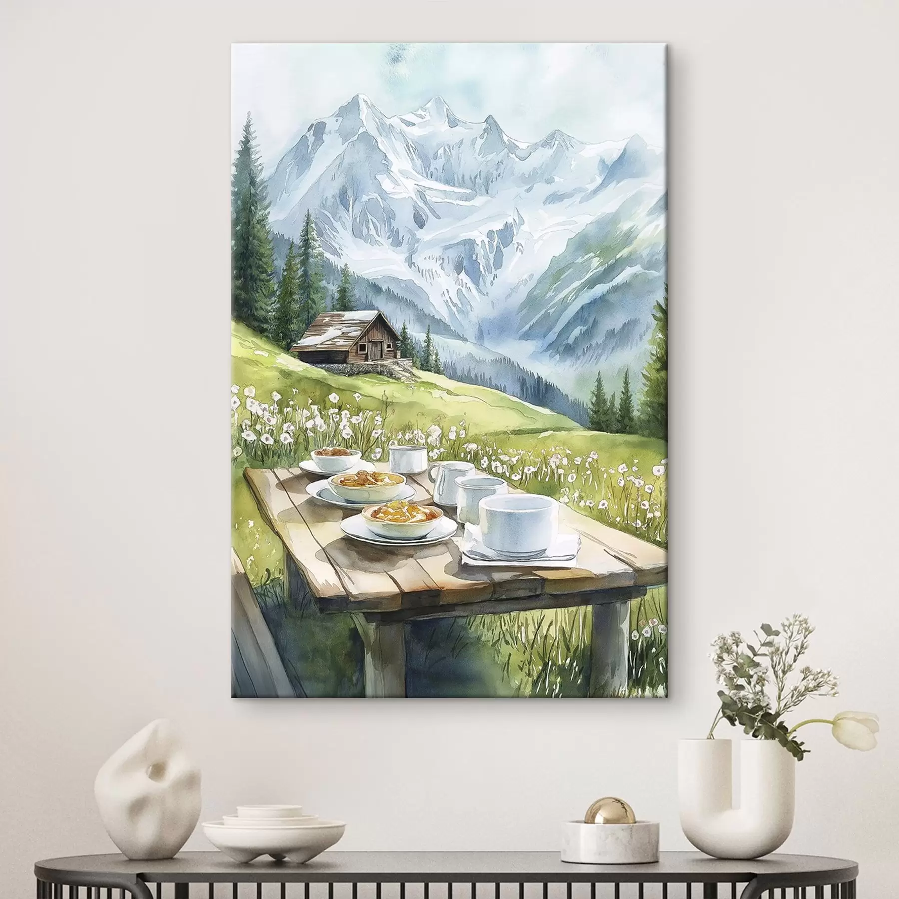 Tableau Petit déjeuner dans les Alpes, montagnes, forêt, nature, été, aquarelle s42426