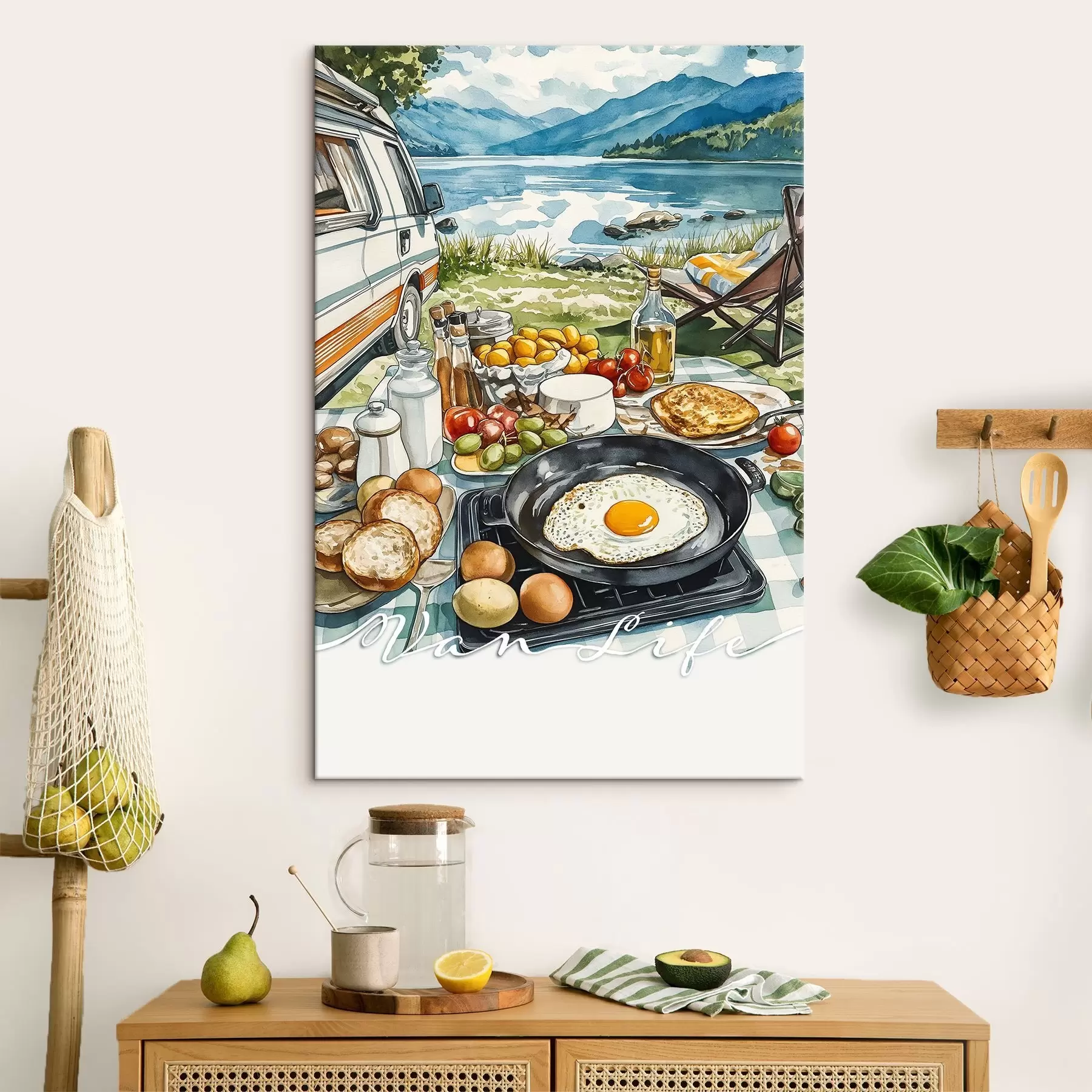 Tableau Magnifique petit déjeuner de style aquarelle, vie en camionnette, camping, montagnes s42429