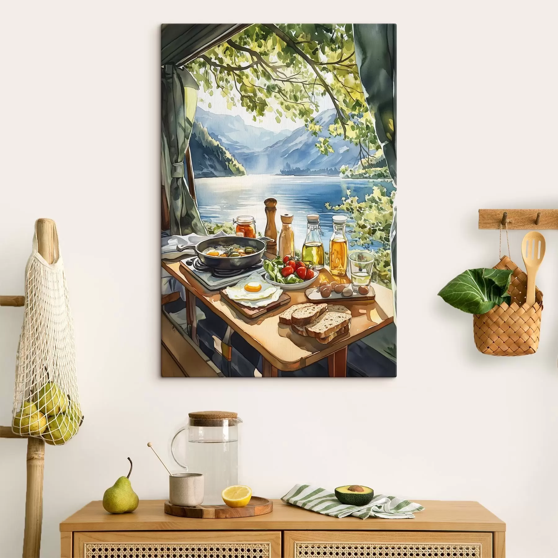 Tableau Belle matinée d'été, lac, style aquarelle, petit déjeuner, voyage s42433