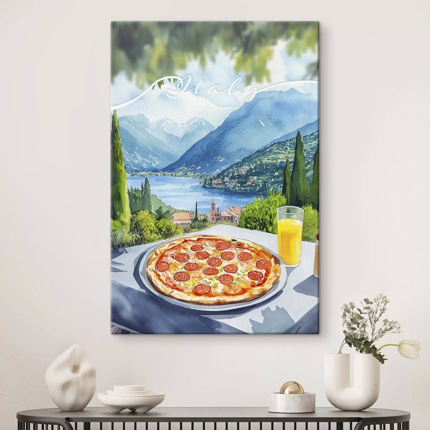 Tableau Aquarelle, Italie, pizza, vieille ville, paysage de montagne s42435