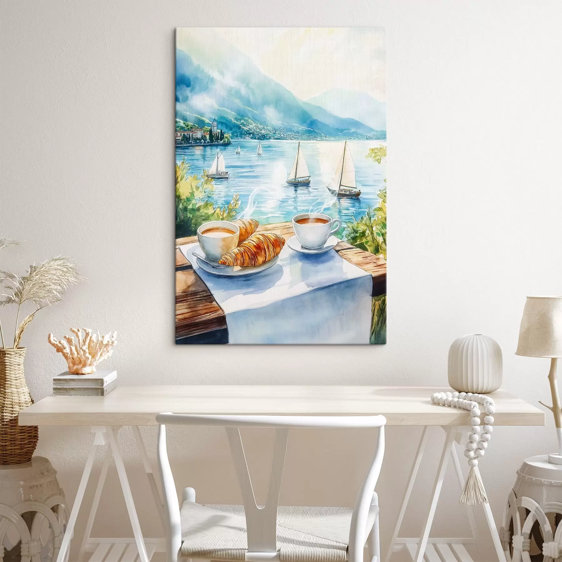 Tableau Lac d'été avec voiliers, tasses de café, croissants, style aquarelle s42441