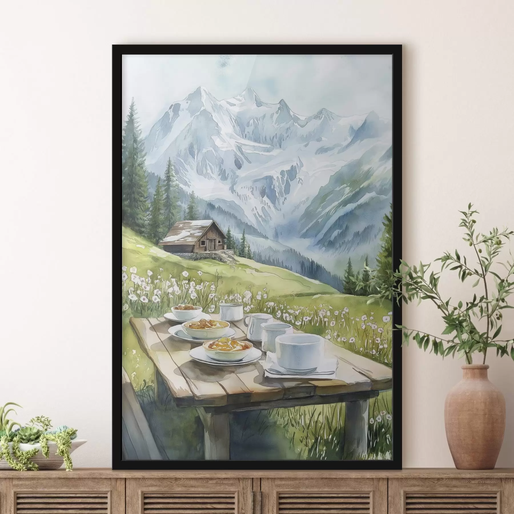 Papier peint Petit déjeuner dans les Alpes, montagnes, forêt, nature, été, aquarelle f42426