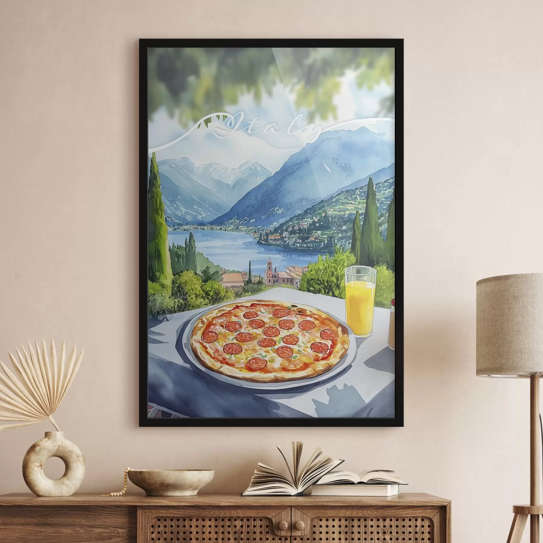 Tableau Aquarelle, Italie, pizza, vieille ville, paysage de montagne f42435